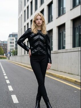 Vintage Revue Chevron Black Buttery Leather  & Suede Jacket Moto Women’s 4 New
